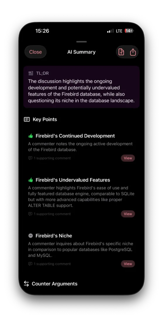 AI Summary view showing TLDR, key points with sentiment, and counter-arguments