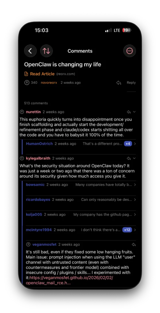 Threaded comments view with depth indicators and nested replies