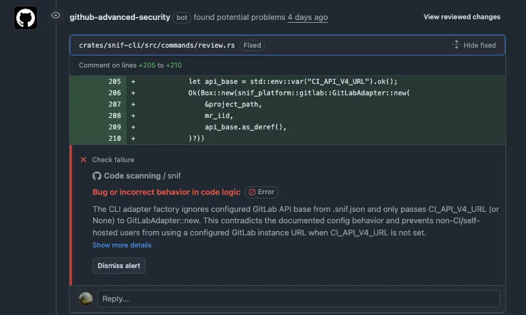 Snif finding a logic bug in its own code via GitHub code scanning