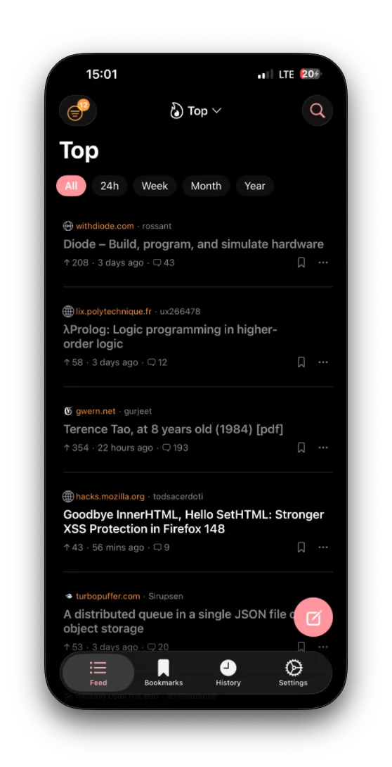 Decidel home feed showing Top stories with time range filters