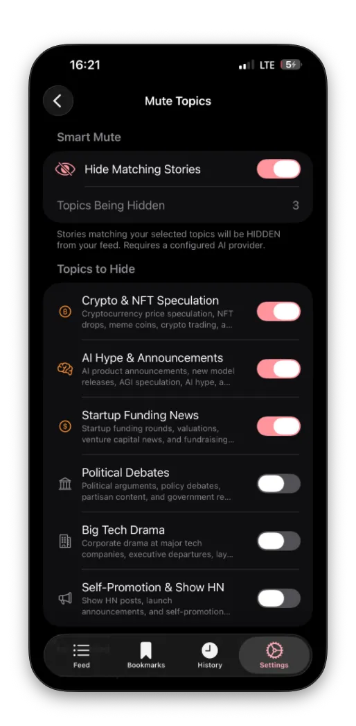 Mute Topics screen with toggles for crypto, AI hype, funding news, political debates, and more