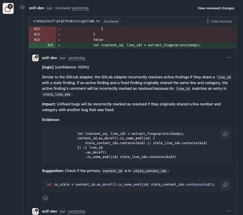 Snif finding a logic bug in its own fingerprint resolution code