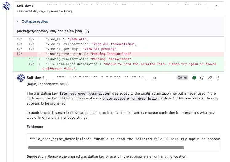 Snif reviewing a GitLab merge request and finding an unused translation key
