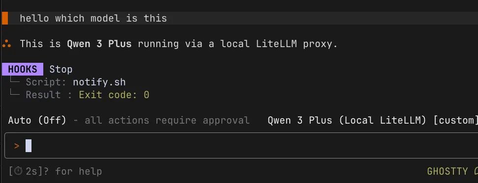 Factory CLI model selector showing "Qwen 3 Plus (Local LiteLLM)" in custom models section