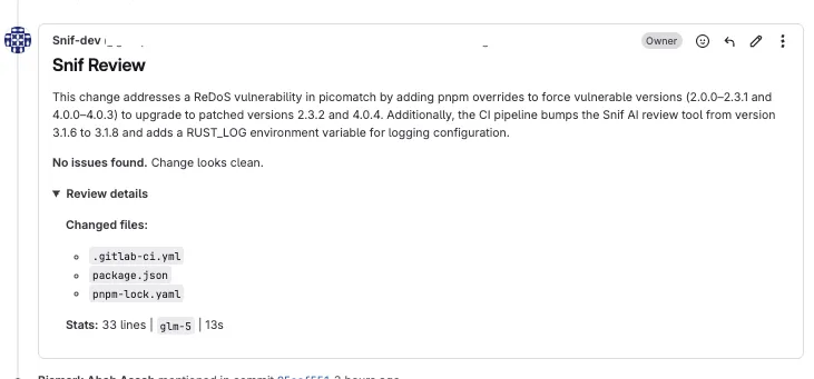 Snif reviewing a GitLab merge request and finding no issues on a clean change